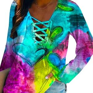 🔴 CLEARANCE🔖 NWT LIGHTWEIGHT TIE-DYE  HEART DESIGN V-NECK LACE-UP TOP Women XXL